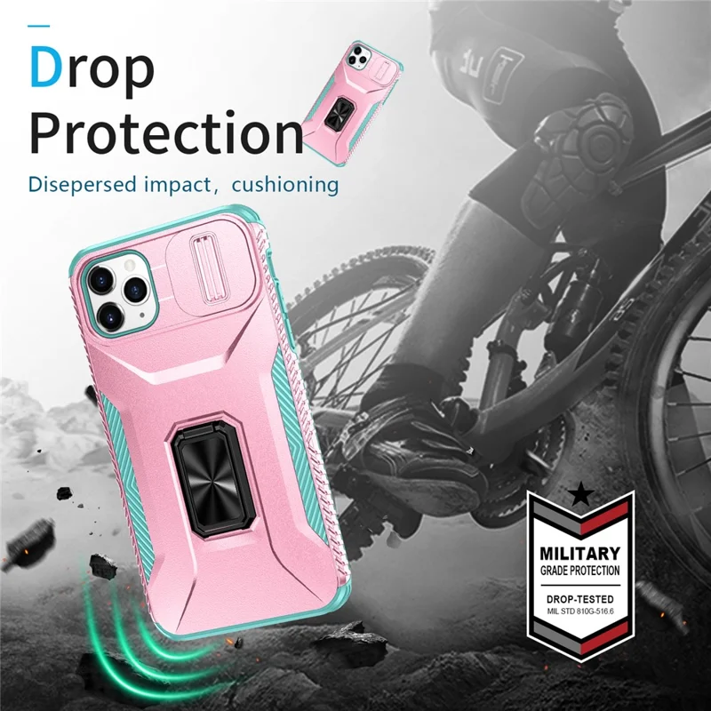 For iPhone 11 Pro Max Case TPU+PC Lens Protection Phone Cover with Ring Kickstand -  Pink+Grey Green