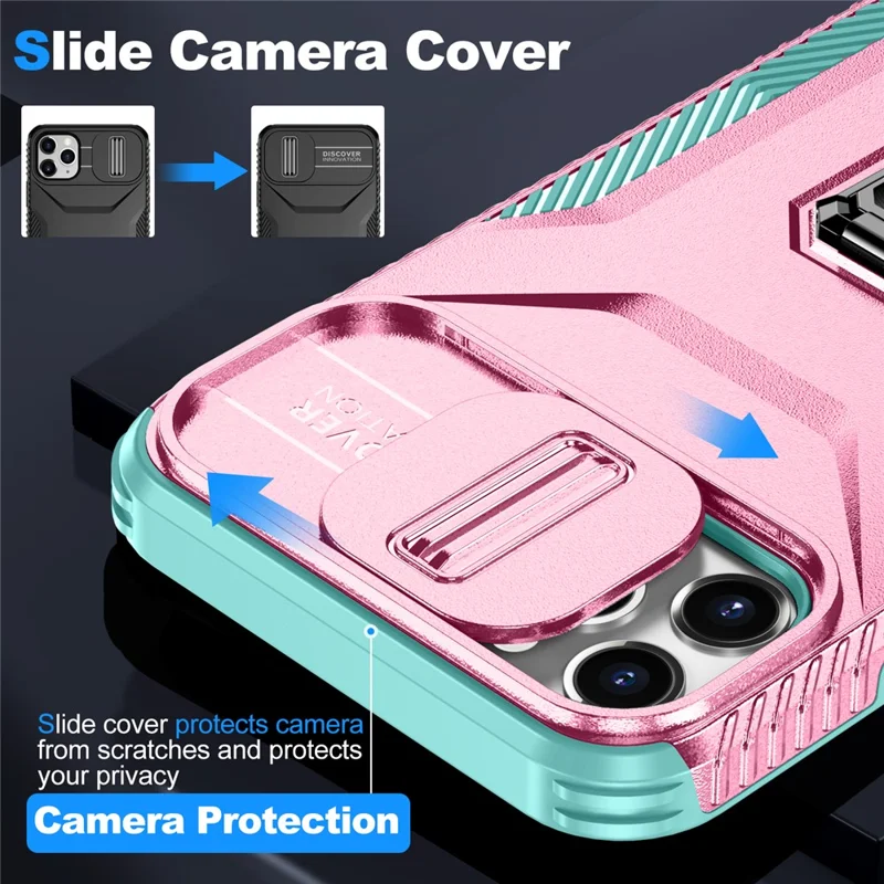 For iPhone 11 Pro Max Case TPU+PC Lens Protection Phone Cover with Ring Kickstand -  Pink+Grey Green