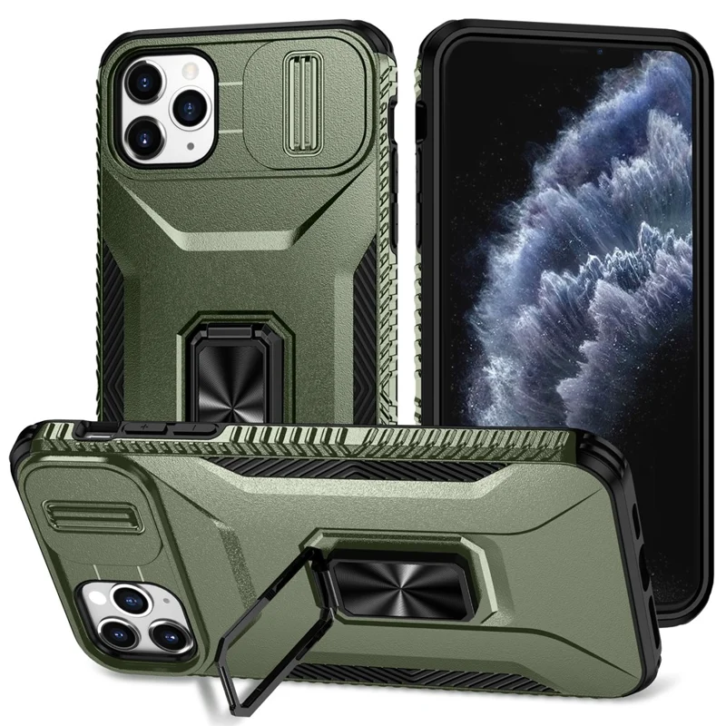 For iPhone 11 Pro Max Case TPU+PC Lens Protection Phone Cover with Ring Kickstand -  Green