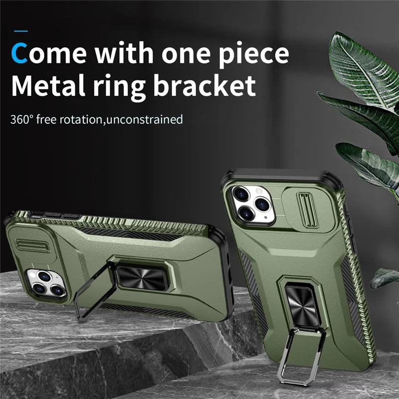 For iPhone 11 Pro Max Case TPU+PC Lens Protection Phone Cover with Ring Kickstand -  Green