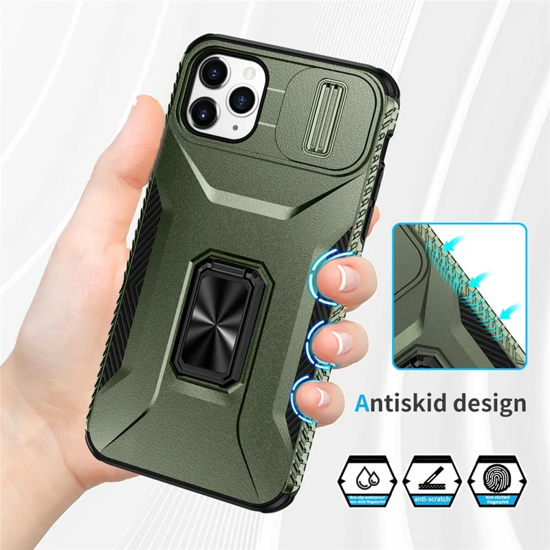 For iPhone 11 Pro Max Case TPU+PC Lens Protection Phone Cover with Ring Kickstand -  Green