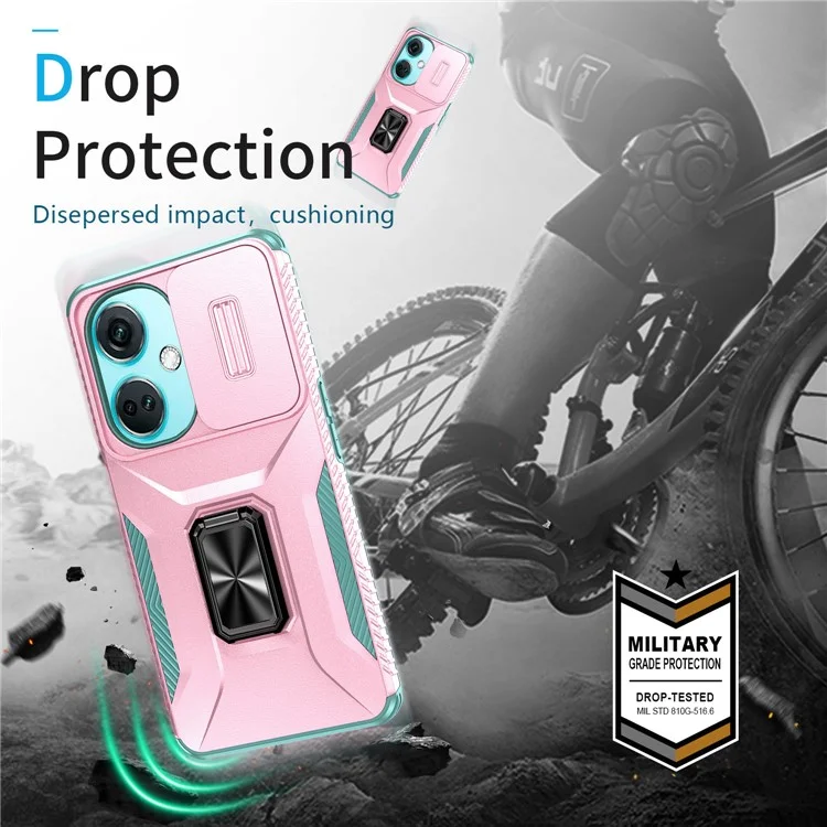 For OnePlus Nord N30 5G / CE 3 Lite 5G / OPPO A9 (2020) Case TPU+PC Phone Cover with Kickstand  /  Lens Guard - Pink+Grey Green