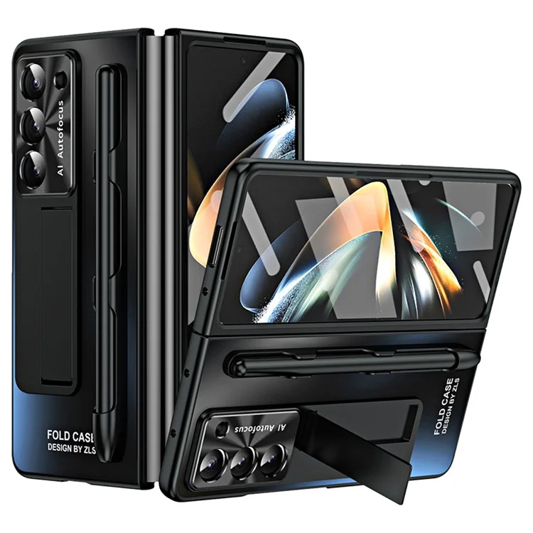 For Samsung Galaxy Z Fold6 5G AG Case Kickstand Matte PC Phone Cover with Tempered Glass Film / Stylus Pen - Black