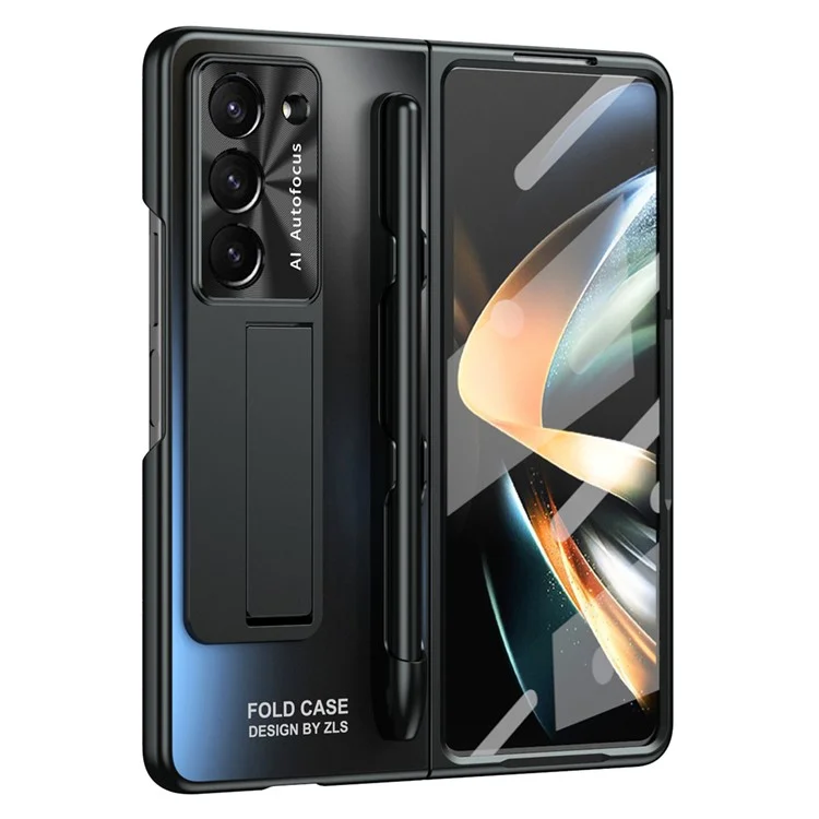 For Samsung Galaxy Z Fold6 5G AG Case Kickstand Matte PC Phone Cover with Tempered Glass Film / Stylus Pen - Black