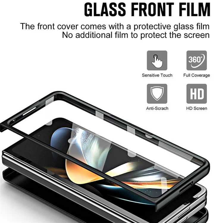 For Samsung Galaxy Z Fold6 5G AG Case Kickstand Matte PC Phone Cover with Tempered Glass Film / Stylus Pen - Black