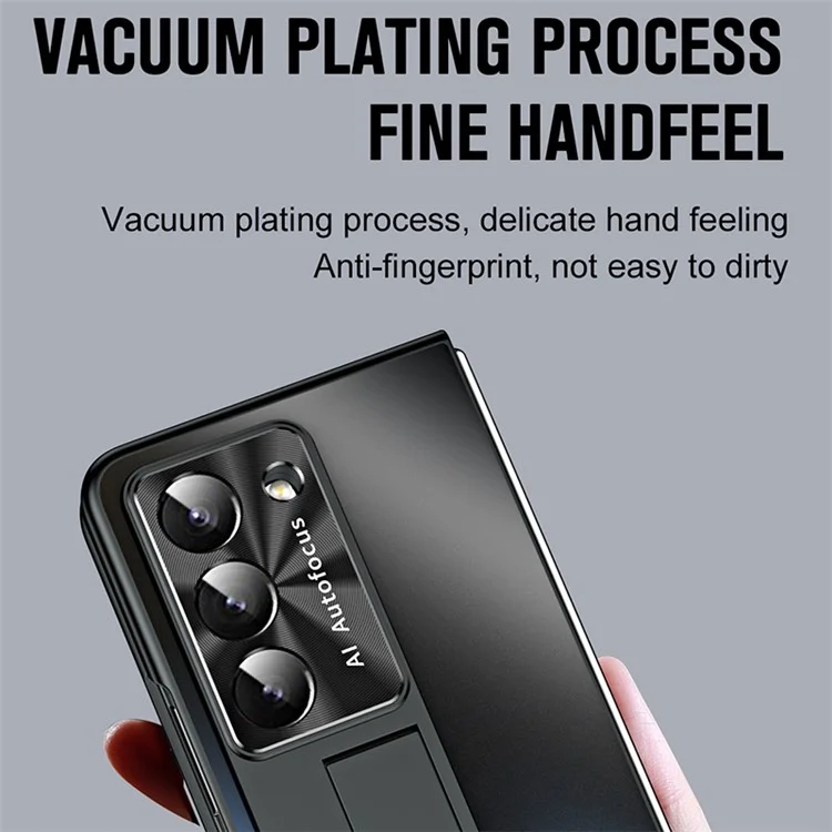 For Samsung Galaxy Z Fold6 5G AG Case Kickstand Matte PC Phone Cover with Tempered Glass Film / Stylus Pen - Black