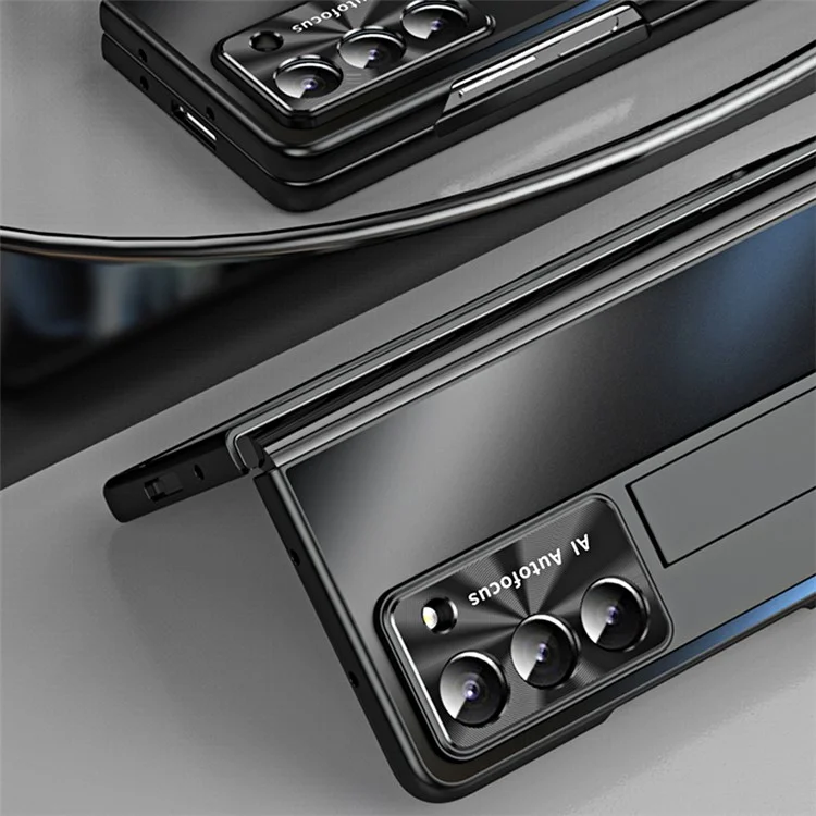 For Samsung Galaxy Z Fold6 5G AG Case Kickstand Matte PC Phone Cover with Tempered Glass Film / Stylus Pen - Black