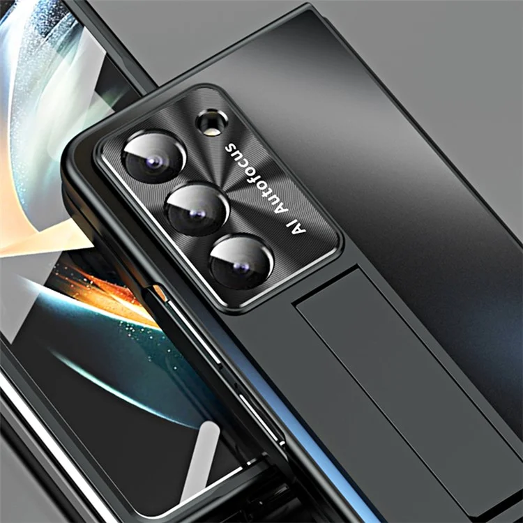 For Samsung Galaxy Z Fold6 5G AG Case Kickstand Matte PC Phone Cover with Tempered Glass Film / Stylus Pen - Black