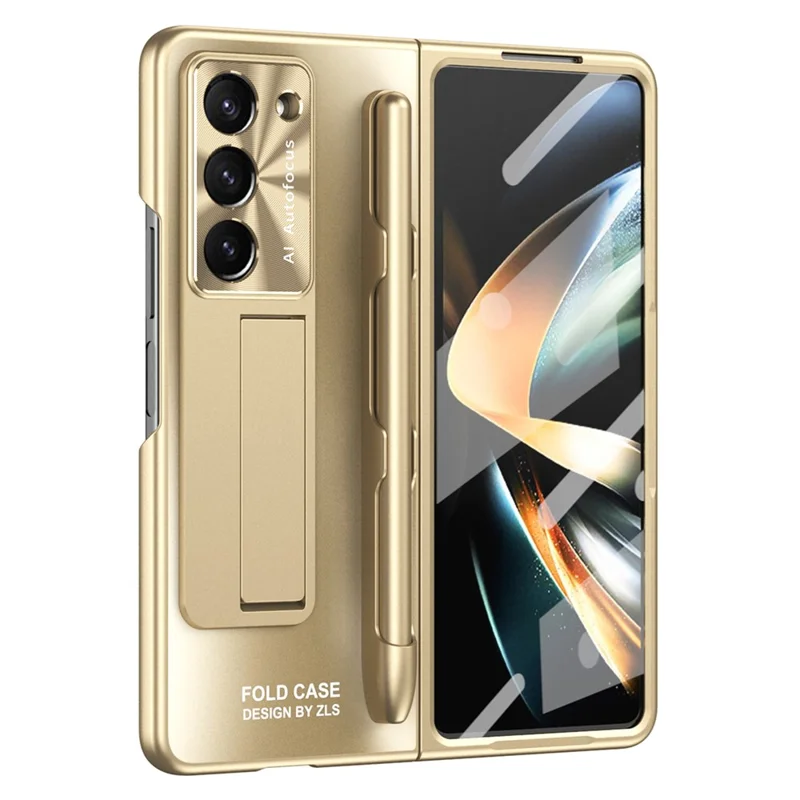Для Samsung Galaxy Z Fold6 5G AG Чехол с подставкой Матовый ПК Чехол для телефона с закаленной стеклянной пленкой / Стилус - Шампанское Золото
