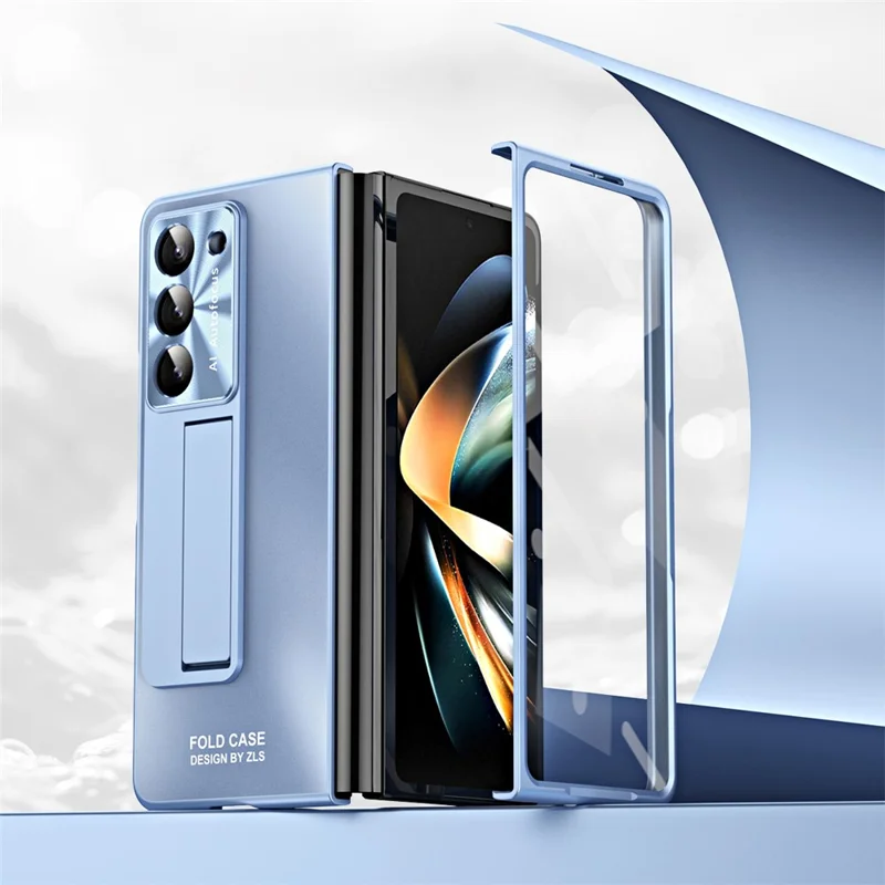For Samsung Galaxy Z Fold6 5G Case Matte Kickstand PC Phone Cover with Tempered Glass Screen Protector - Blue