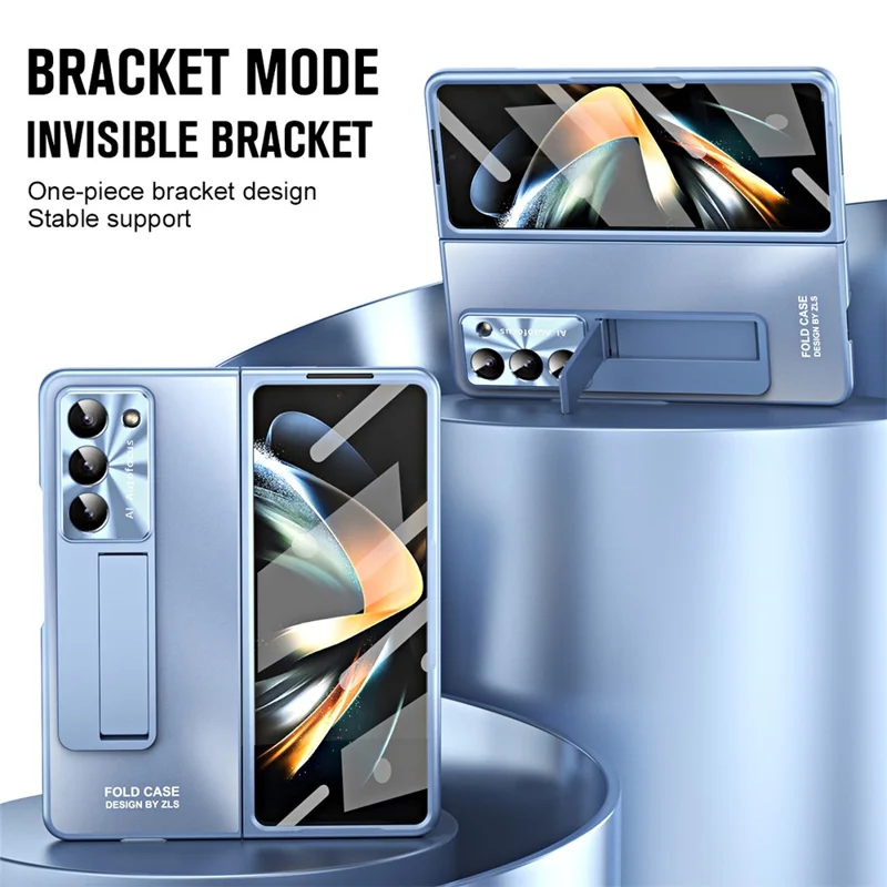For Samsung Galaxy Z Fold6 5G Case Matte Kickstand PC Phone Cover with Tempered Glass Screen Protector - Blue