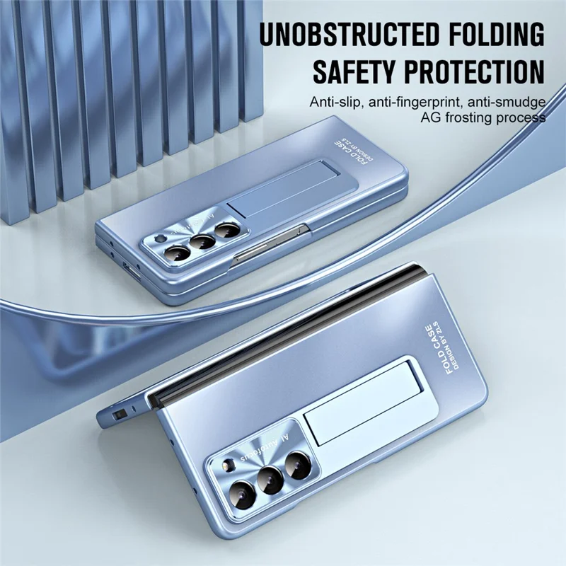 For Samsung Galaxy Z Fold6 5G Case Matte Kickstand PC Phone Cover with Tempered Glass Screen Protector - Blue
