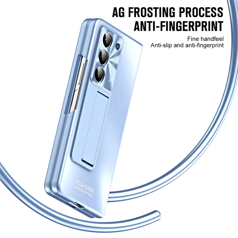 For Samsung Galaxy Z Fold6 5G Case Matte Kickstand PC Phone Cover with Tempered Glass Screen Protector - Blue
