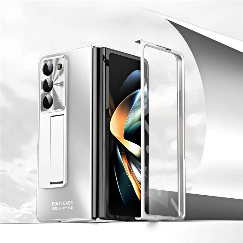For Samsung Galaxy Z Fold6 5G Case Matte Kickstand PC Phone Cover with Tempered Glass Screen Protector - Silver