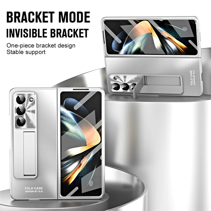 For Samsung Galaxy Z Fold6 5G Case Matte Kickstand PC Phone Cover with Tempered Glass Screen Protector - Silver