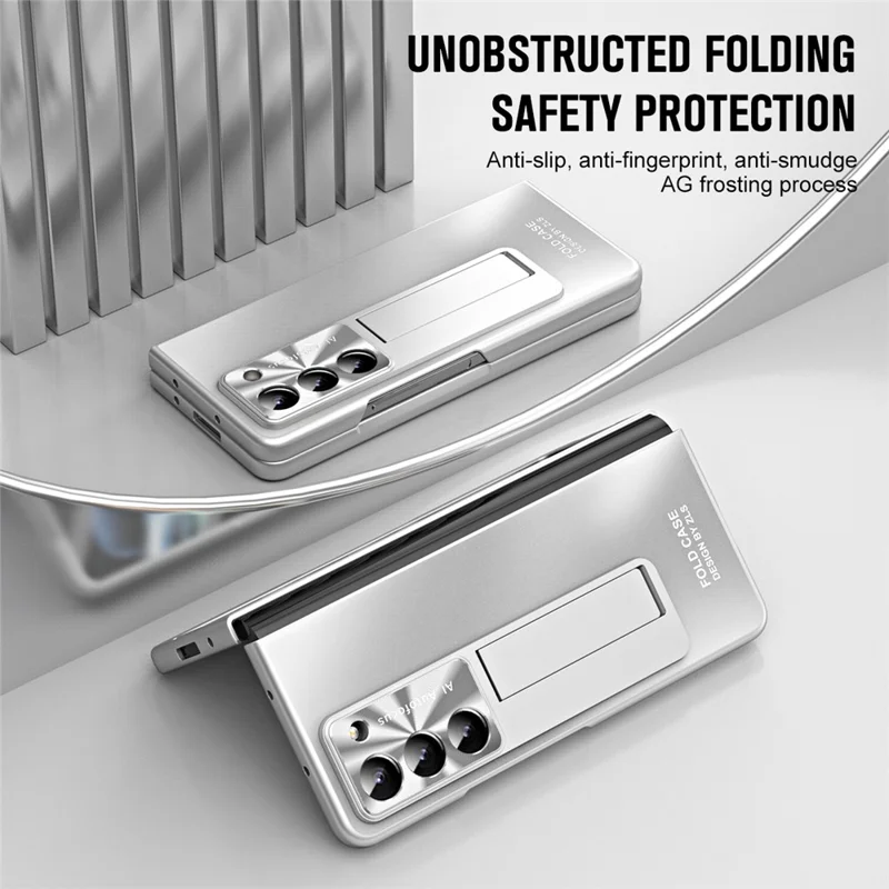 For Samsung Galaxy Z Fold6 5G Case Matte Kickstand PC Phone Cover with Tempered Glass Screen Protector - Silver