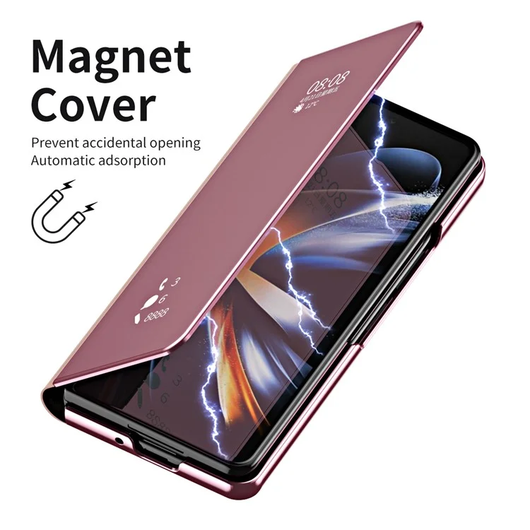 Pour Samsung Galaxy Z Fold6 5G Étui Électroplaquage Fenêtre Vue Support Cuir Housse de téléphone - Rose