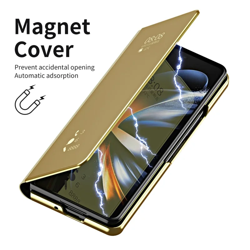 For Samsung Galaxy Z Fold6 5G Case Electroplating View Window Stand Leather Phone Cover - Gold