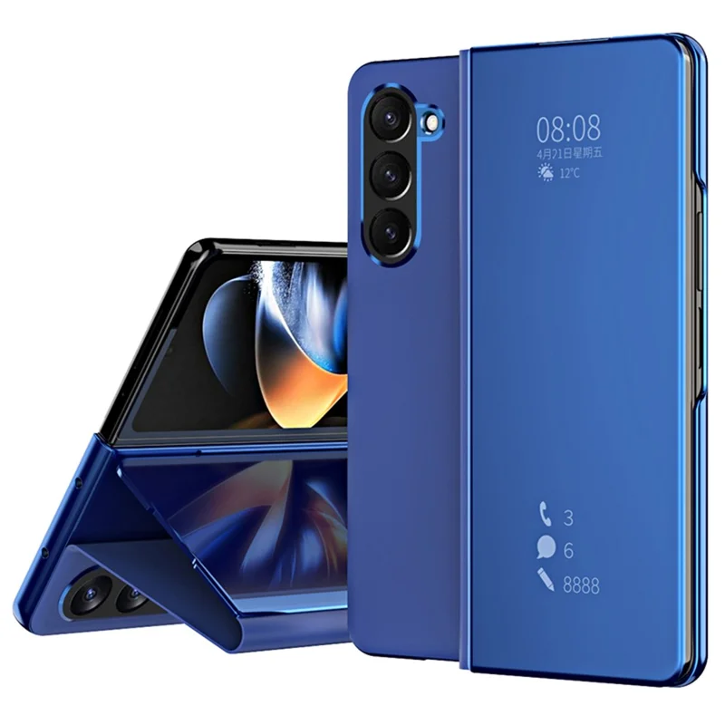 For Samsung Galaxy Z Fold6 5G Case Electroplating View Window Stand Leather Phone Cover - Blue