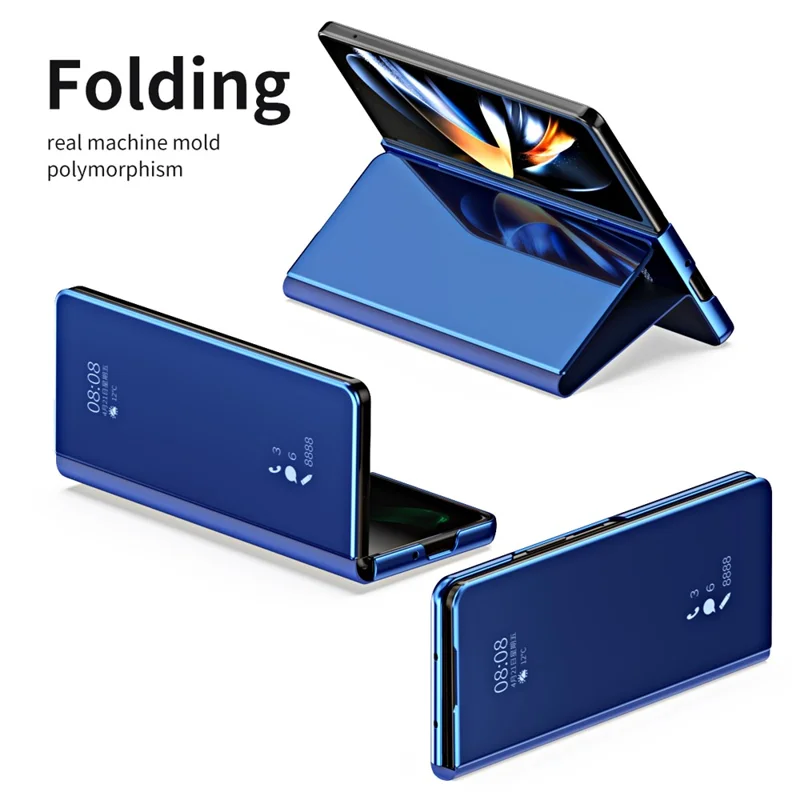 For Samsung Galaxy Z Fold6 5G Case Electroplating View Window Stand Leather Phone Cover - Blue