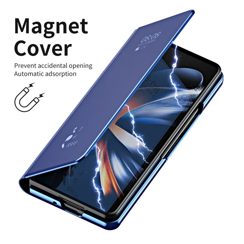 For Samsung Galaxy Z Fold6 5G Case Electroplating View Window Stand Leather Phone Cover - Blue