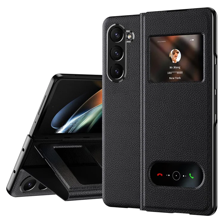 For Samsung Galaxy Z Fold6 5G Case PU Leather Litchi Texture Phone Cover View Window - Black