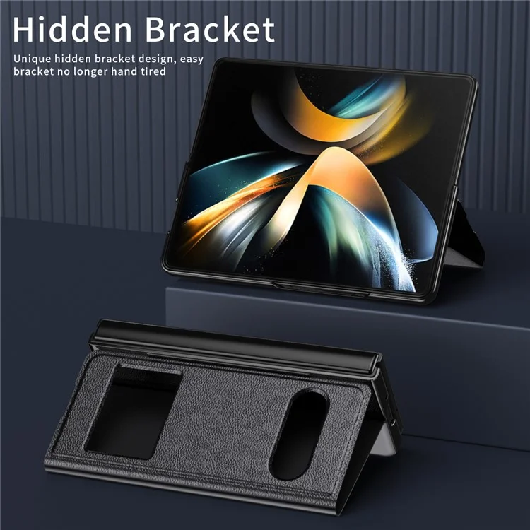 For Samsung Galaxy Z Fold6 5G Case PU Leather Litchi Texture Phone Cover View Window - Black