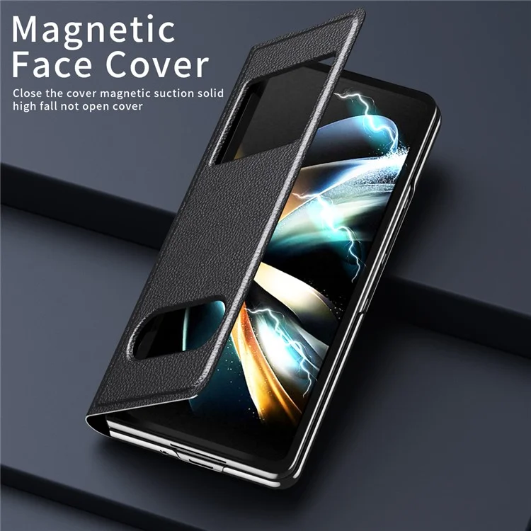 For Samsung Galaxy Z Fold6 5G Case PU Leather Litchi Texture Phone Cover View Window - Black