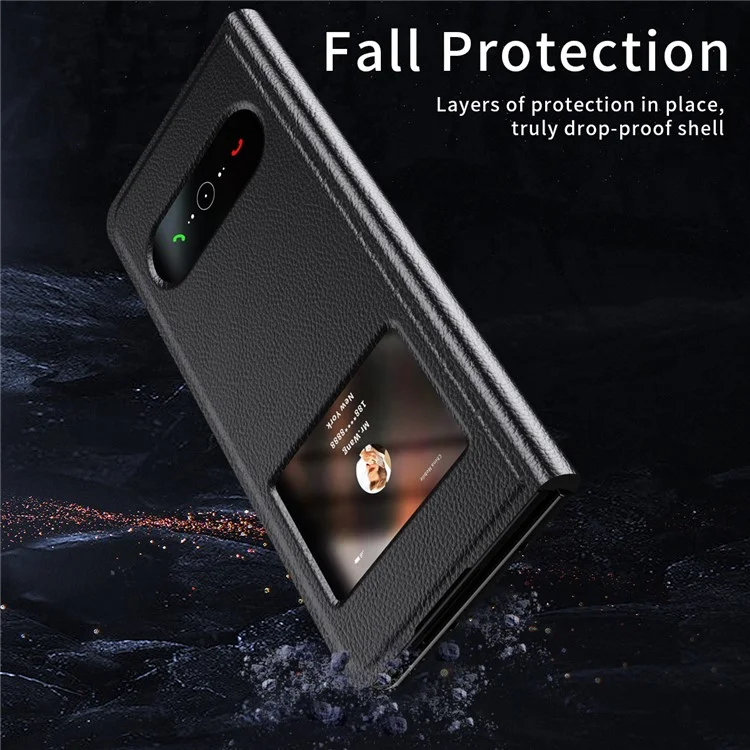 For Samsung Galaxy Z Fold6 5G Case PU Leather Litchi Texture Phone Cover View Window - Black