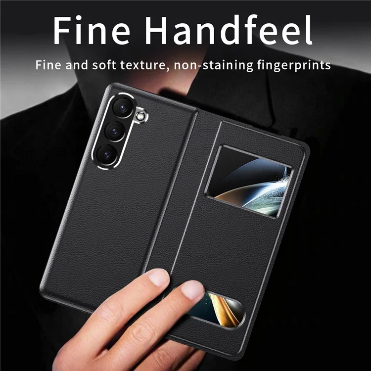 For Samsung Galaxy Z Fold6 5G Case PU Leather Litchi Texture Phone Cover View Window - Black