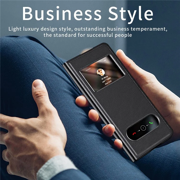 For Samsung Galaxy Z Fold6 5G Case PU Leather Litchi Texture Phone Cover View Window - Black