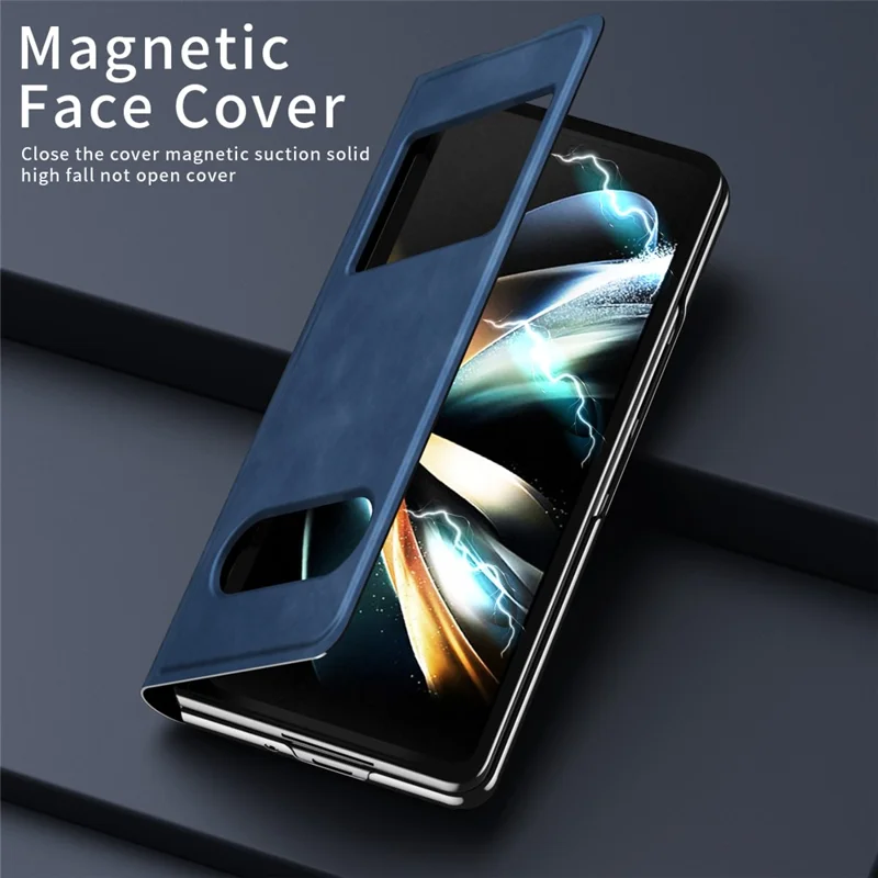 Pour Samsung Galaxy Z Fold6 5G Étui Vue Fenêtre Cuir PU Housse de Téléphone - Bleu