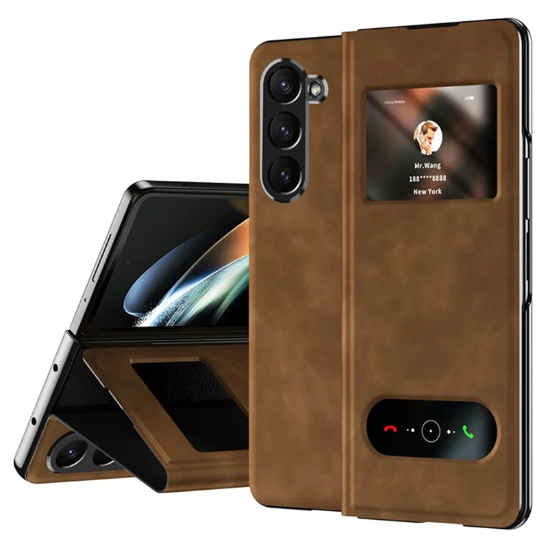 For Samsung Galaxy Z Fold6 5G Case View Window PU Leather Phone Cover - Brown