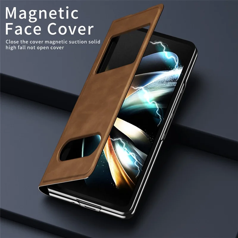 For Samsung Galaxy Z Fold6 5G Case View Window PU Leather Phone Cover - Brown