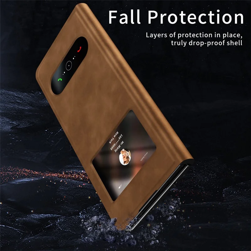 For Samsung Galaxy Z Fold6 5G Case View Window PU Leather Phone Cover - Brown