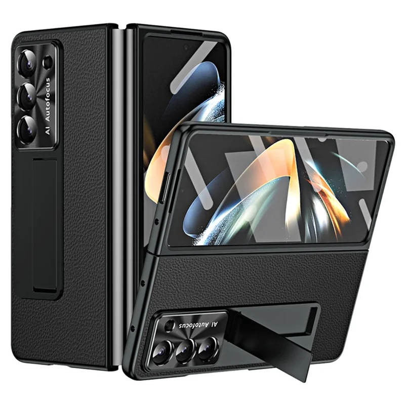 For Samsung Galaxy Z Fold6 5G Case Kickstand Leather+PC Cover with Tempered Glass Film - Black