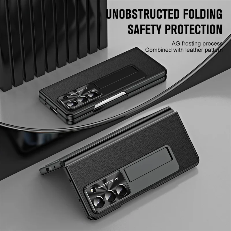 For Samsung Galaxy Z Fold6 5G Case Kickstand Leather+PC Cover with Tempered Glass Film - Black