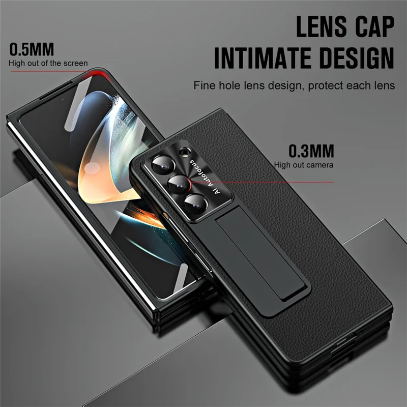 For Samsung Galaxy Z Fold6 5G Case Kickstand Leather+PC Cover with Tempered Glass Film - Black