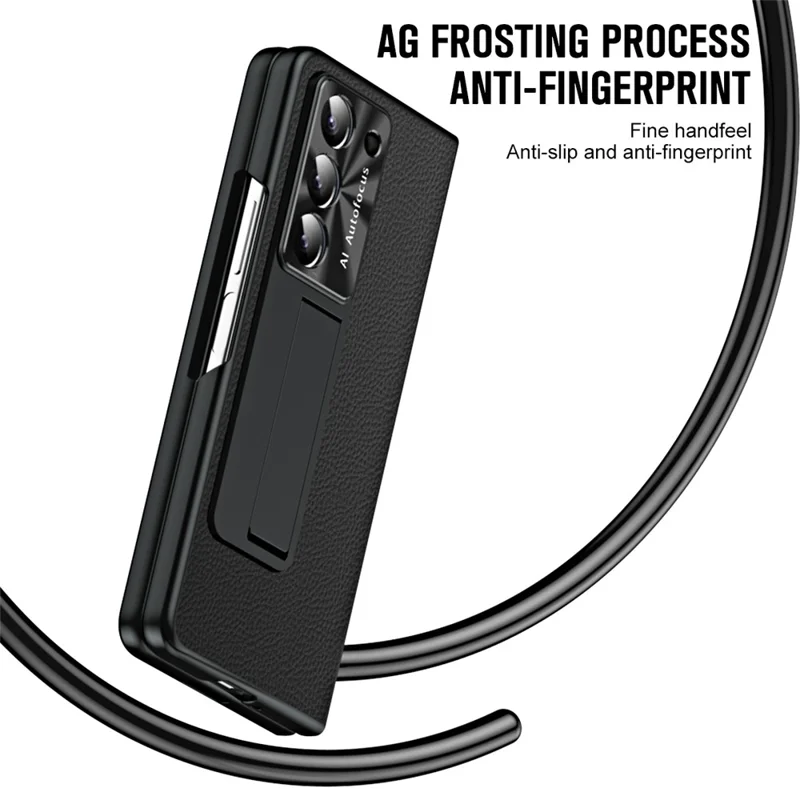For Samsung Galaxy Z Fold6 5G Case Kickstand Leather+PC Cover with Tempered Glass Film - Black