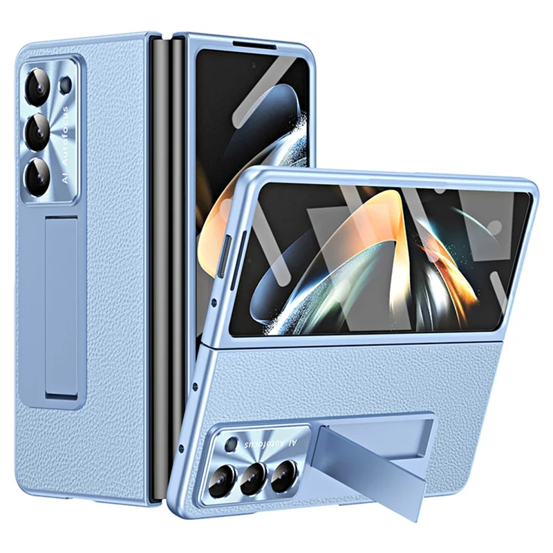 Para Samsung Galaxy Z Fold6 5G Capa Suporte de Pé Couro+Capa PC com Película de Vidro Temperado - Azul