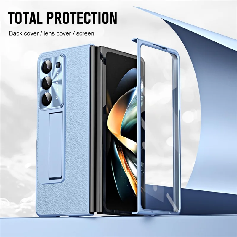 Para Samsung Galaxy Z Fold6 5G Capa Suporte de Pé Couro+Capa PC com Película de Vidro Temperado - Azul