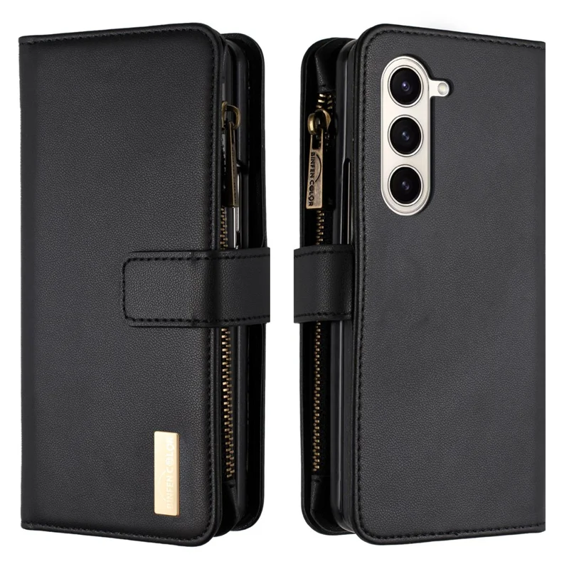 BINFEN COLOR For Samsung Galaxy Z Fold6 5G Case Zipper PU Leather Wallet Phone Cover - Black