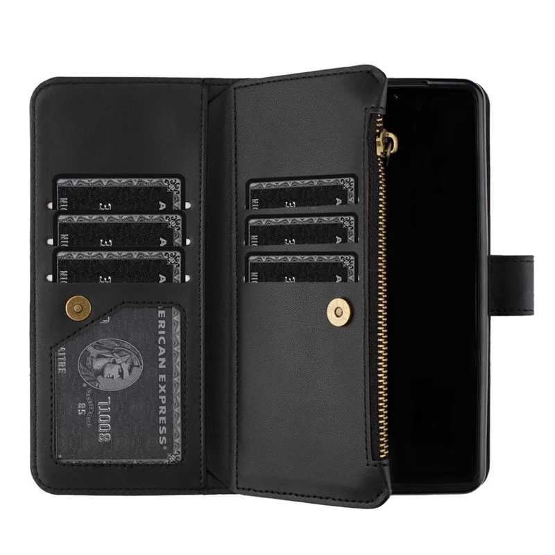 BINFEN COLOR For Samsung Galaxy Z Fold6 5G Case Zipper PU Leather Wallet Phone Cover - Black