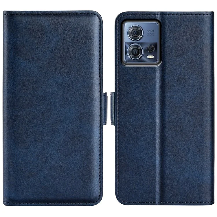 For Motorola Moto S30 Pro 5G / Edge 30 Fusion 5G Full Protection Phone Case Textured PU Leather Dual Magnetic Clasp Folio Flip Stand Wallet Cover - Blue