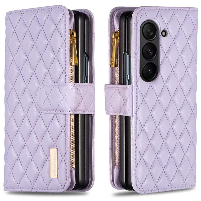 BINFEN COLOR Para Caso Samsung Galaxy Z Fold6 5G PU Leather Zipper Pocket Phone Cover - Roxo