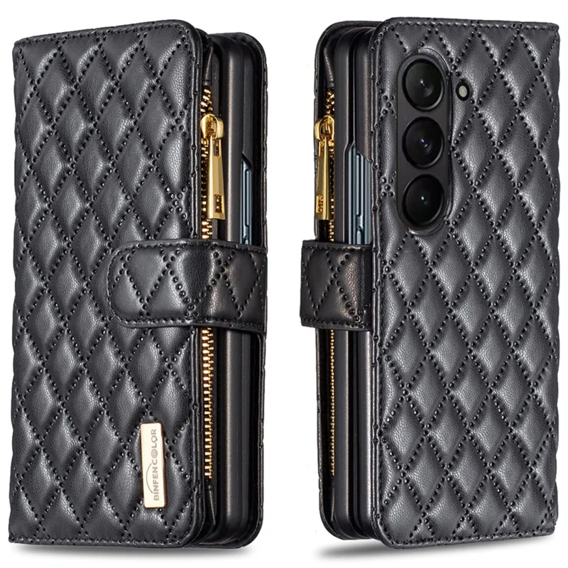 BINFEN COLOR For Samsung Galaxy Z Fold6 5G Case PU Leather Zipper Pocket Phone Cover - Black