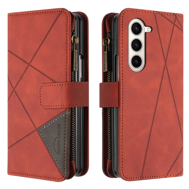 BINFEN COLOR Para Samsung Galaxy Z Fold6 5G Capa Bolso Zíper Carteira Capa de Couro do Telefone - Marrom