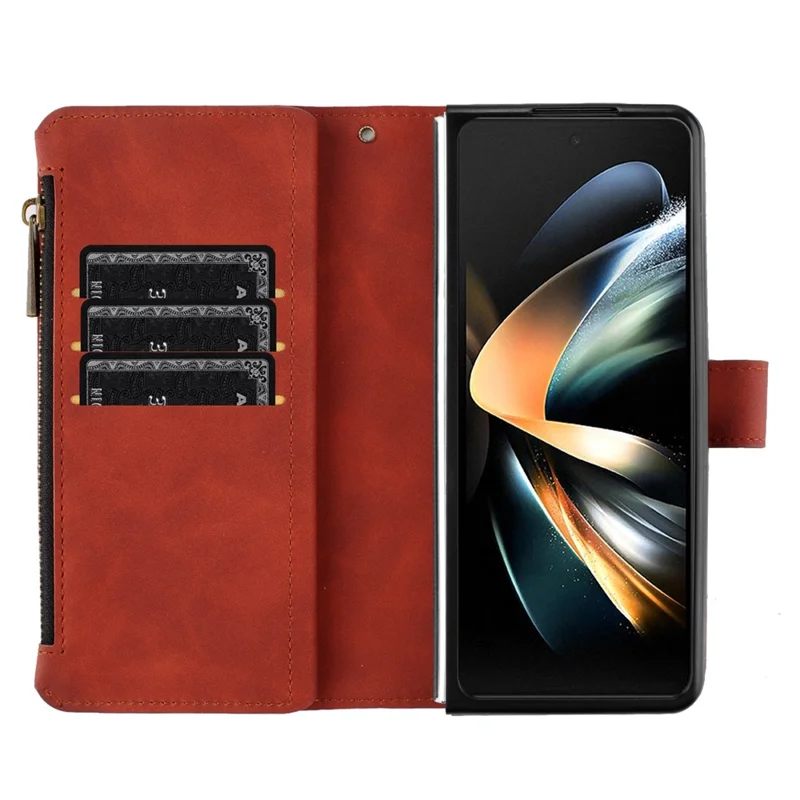 BINFEN COLOR Para Samsung Galaxy Z Fold6 5G Capa Bolso Zíper Carteira Capa de Couro do Telefone - Marrom