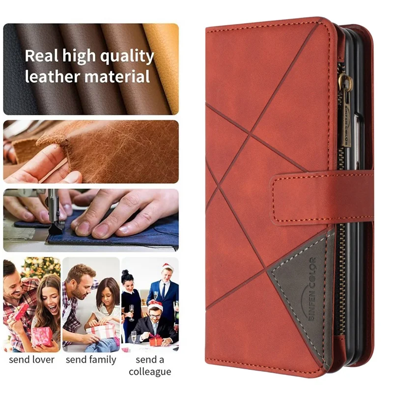 BINFEN COLOR Para Samsung Galaxy Z Fold6 5G Capa Bolso Zíper Carteira Capa de Couro do Telefone - Marrom