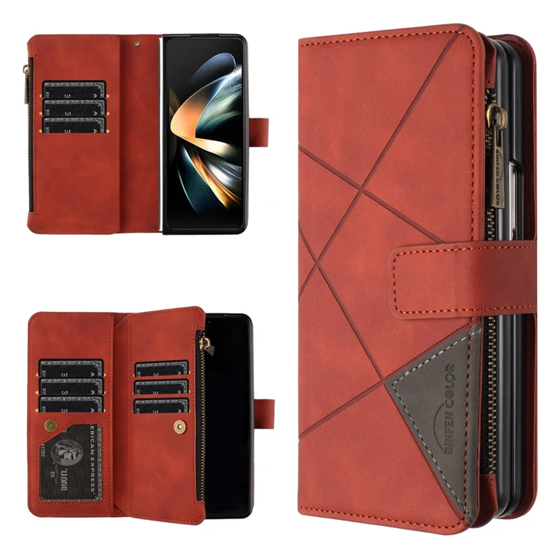 BINFEN COLOR Para Samsung Galaxy Z Fold6 5G Capa Bolso Zíper Carteira Capa de Couro do Telefone - Marrom